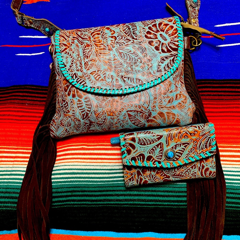 Rare Myra turquoise tooled leather crossbody